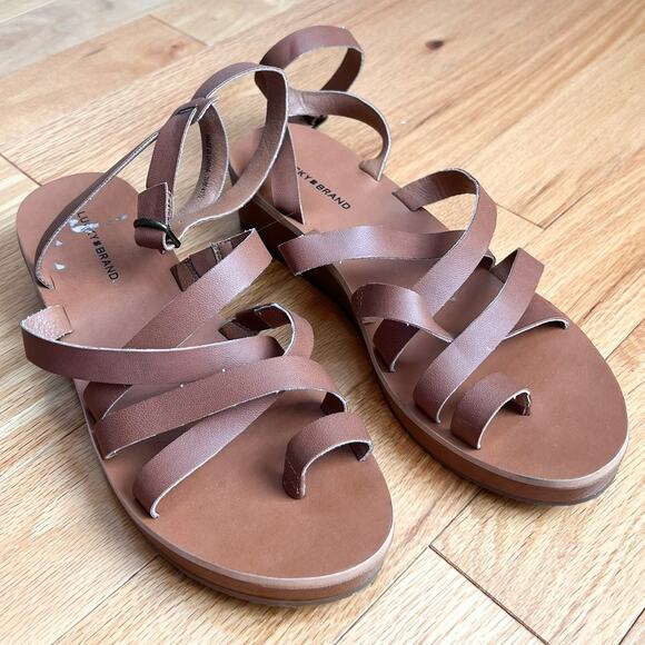 Lucky Brand Heysel Brown Strappy Wedge Sandals 10 Tan Summer Ankle Strap - Picture 1 of 7